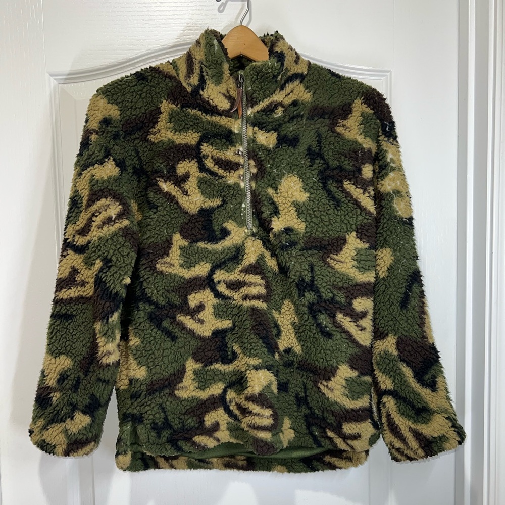 Elodie Camo Print Sherpa Fleece Pullover Quarter Zip Jacket Size Small